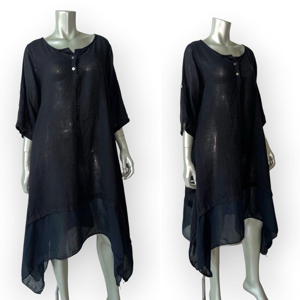 Black Linen Midi Dress Women's Large Asymmetrical Hem Roll Tab Lagenlook Italy